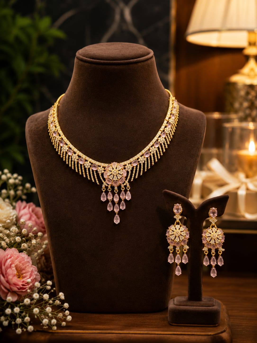 Kalsoom luxury pink zircon necklace set with matching earrings, premium gold plated bridal jewelry for women.