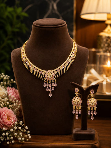 Kalsoom luxury pink zircon necklace set with matching earrings, premium gold plated bridal jewelry for women.