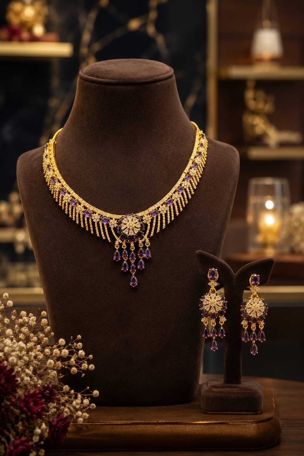 Kalsoom luxury pink zircon necklace set with matching earrings, premium gold plated bridal jewelry for women.