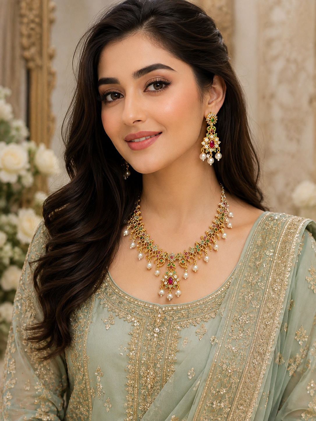 Gulrukh gold jewelry set worn with a Pakistani traditional dress featuring green pink gemstones and pearl details