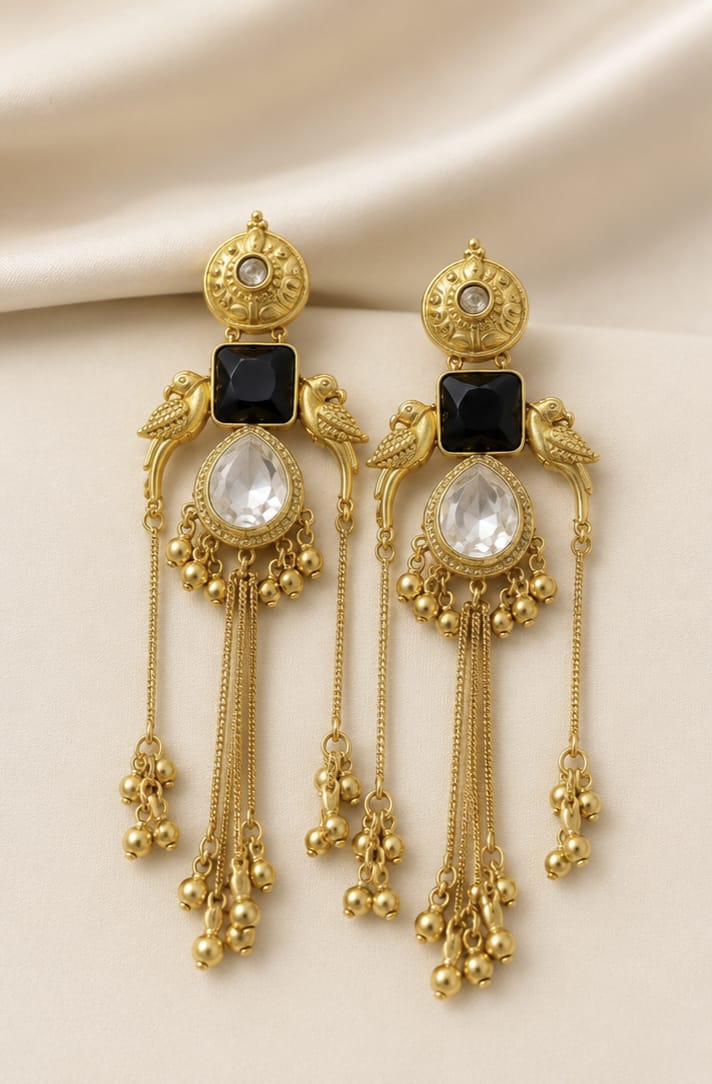 Elegant Long Jhumky featuring premium gold plating, sparkling zircon stones, and a lightweight design for weddings, Eid, parties, and festive occasions.