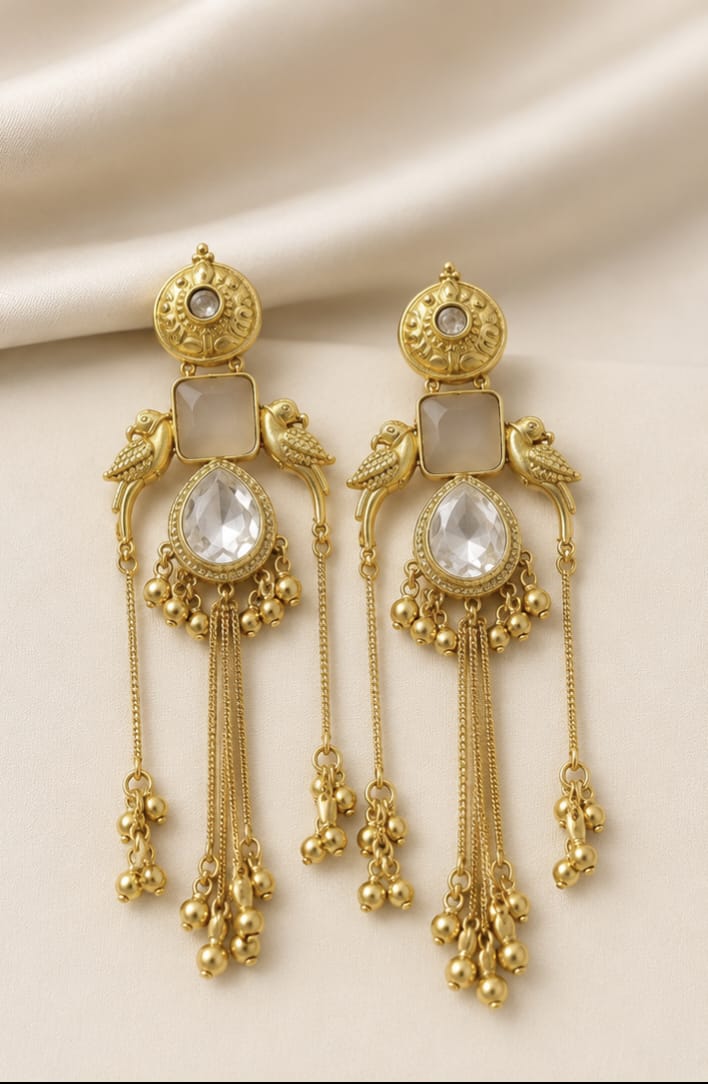 Elegant Long Jhumky featuring premium gold plating, sparkling zircon stones, and a lightweight design for weddings, Eid, parties, and festive occasions.