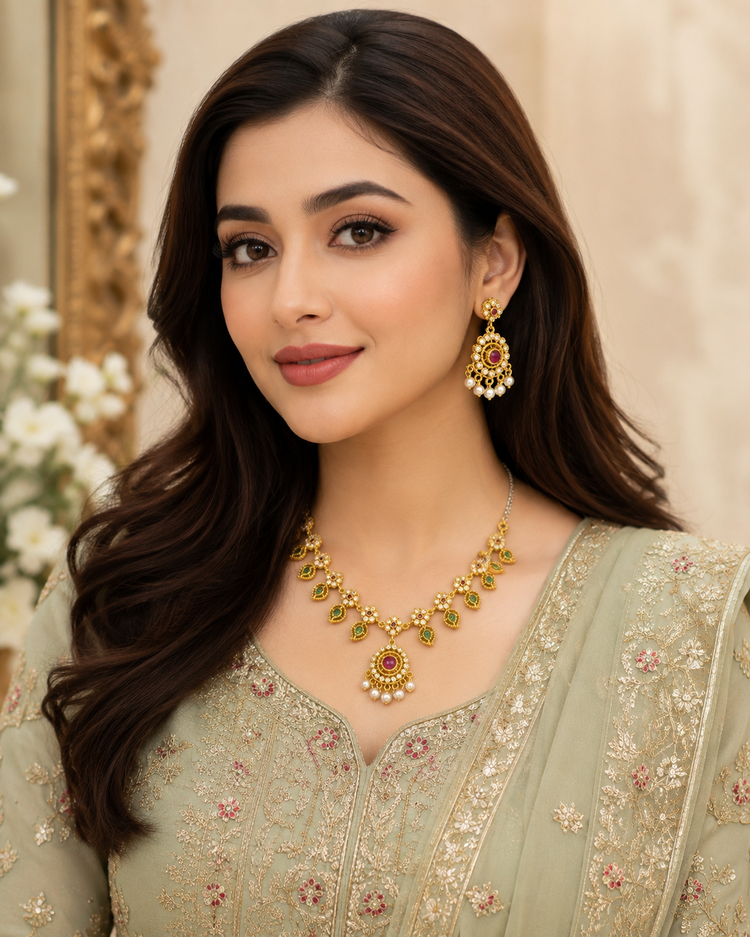 Shahi Noor traditional Pakistani gold jewelry set with green and pink gemstones and pearl accents